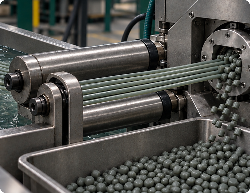Extrusion machinery producing recycled nylon pellets